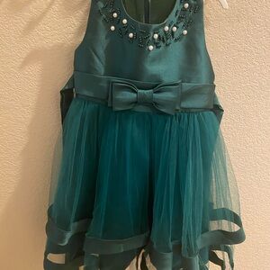 Teal Sleeveless Dress with Bow and Beaded Neckline